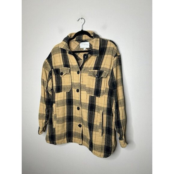 Lucky Brand Shirt Jacket Women's Black Tan Button Plaid Pockets Shacket Small S - Picture 5 of 10